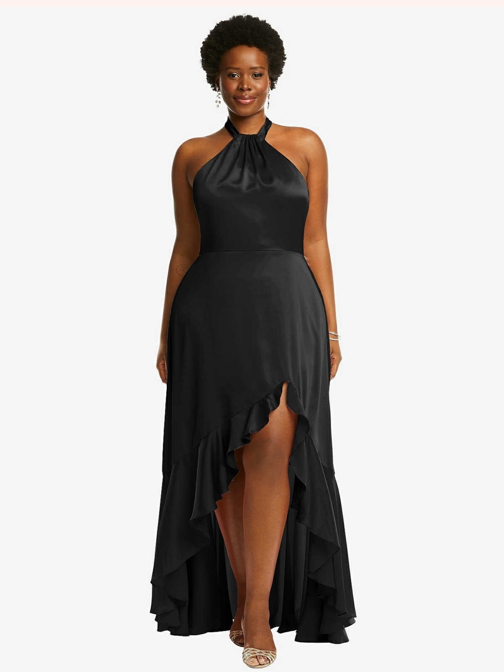 Dessy Tie-Neck Halter Bridesmaids with asymmetric cascade ruffle skirt in black